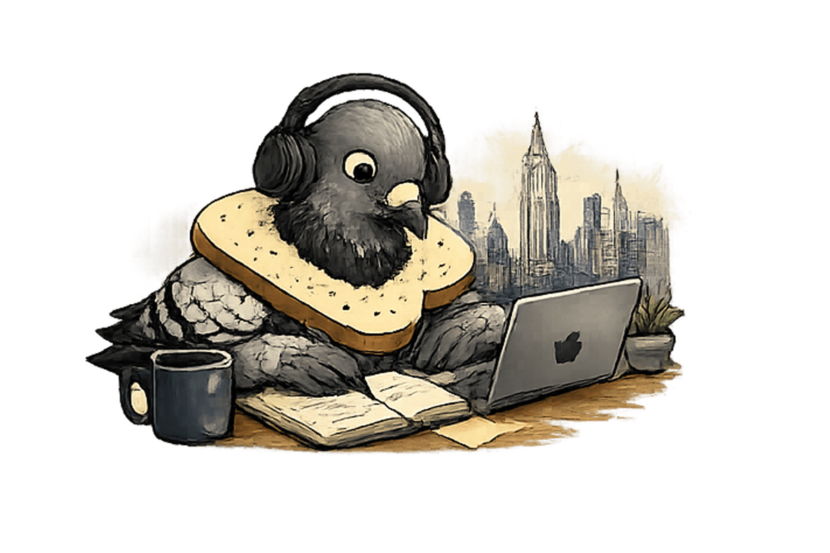 Pigeon researcher at a desk surrounded by books and archival records