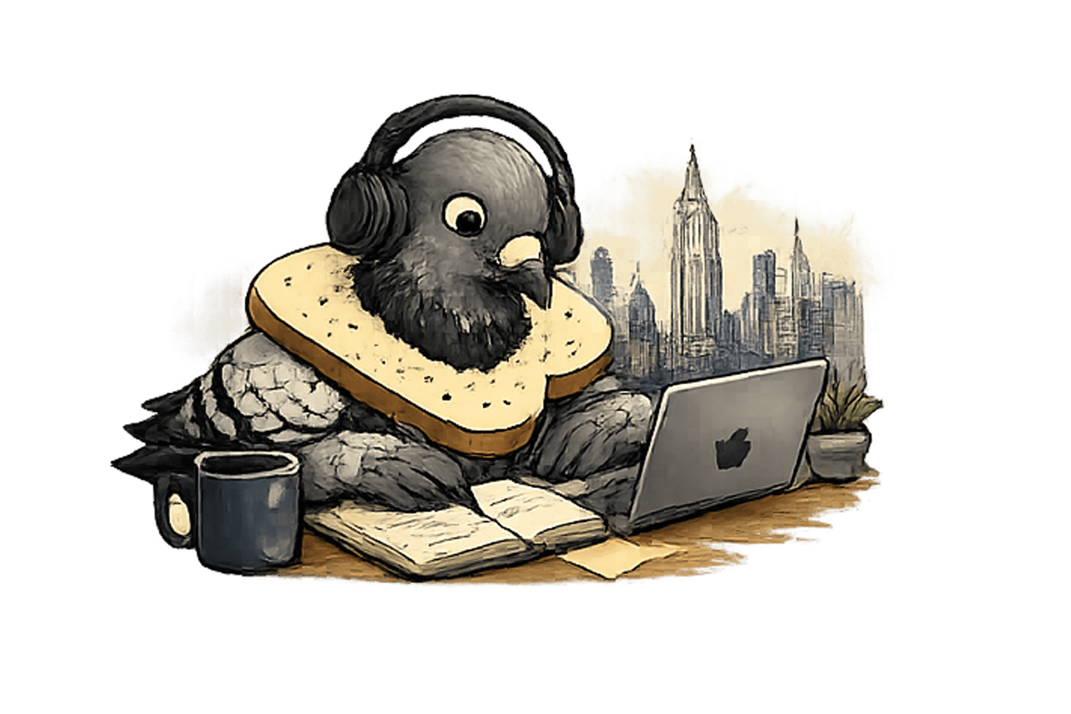 Pigeon researcher at a desk with books, PDFs, and archival records