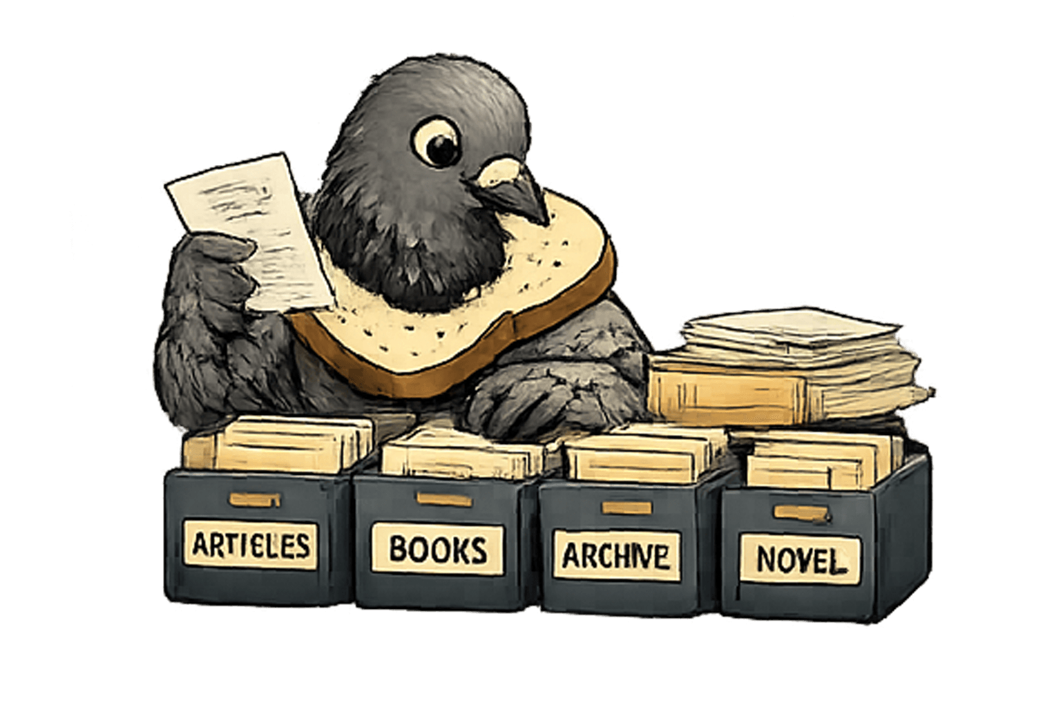 Pigeon organizing research sources into labeled boxes