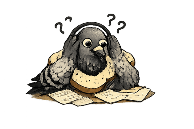 Pigeon looking confused with question marks
