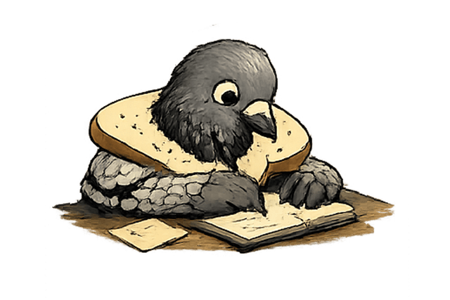 Pigeon writing a note next to an open book
