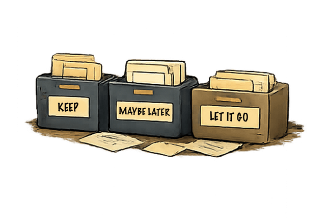 Pigeon sorting boxes labeled Keep, Maybe Later, and Let It Go